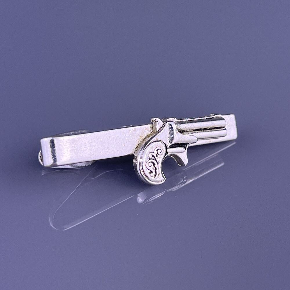 Derringer Pistol Gun Tie Clip Bar Silver Tone Double Barrel Shields Vintage